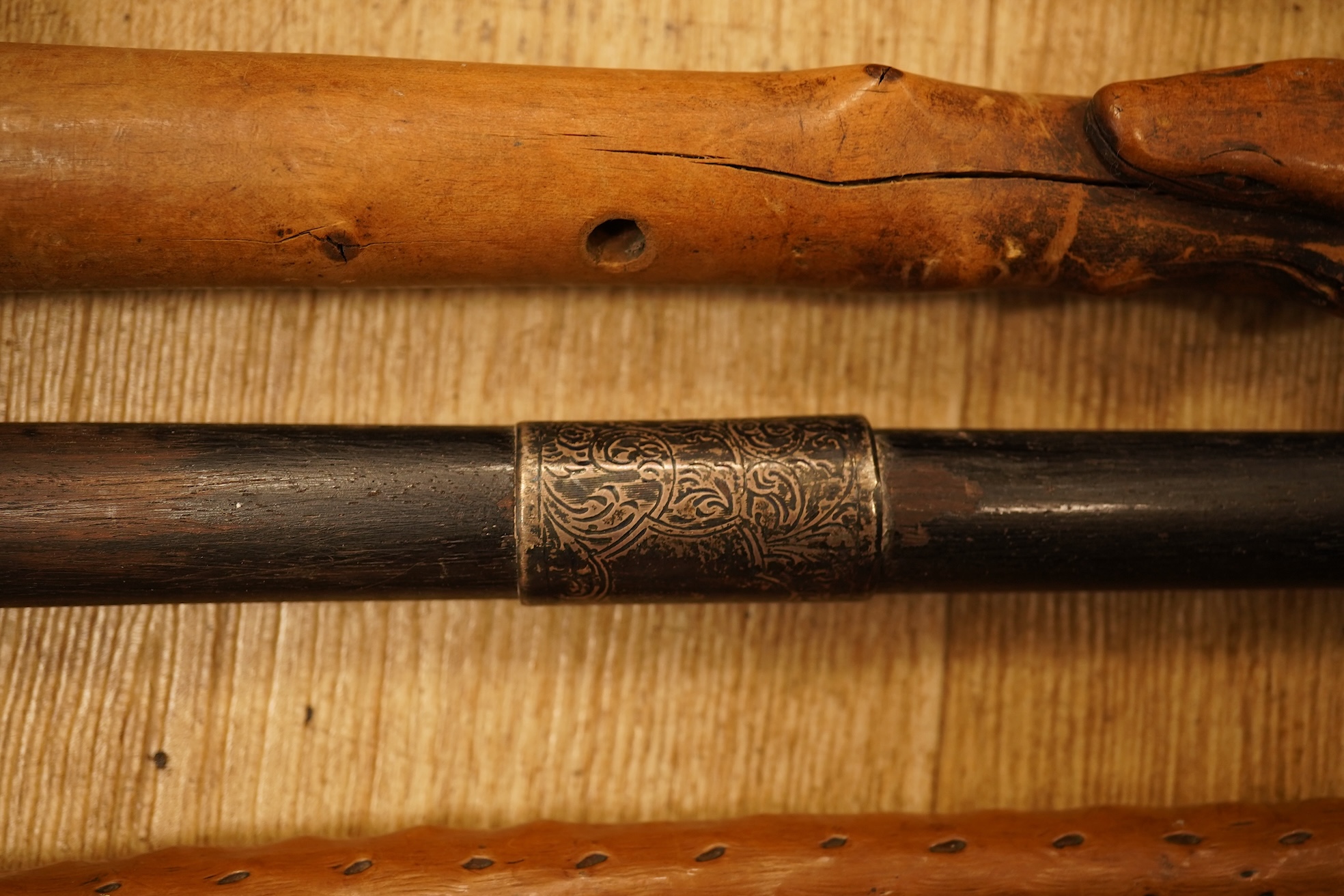 A collection of eleven carved walking sticks, some silver mounted